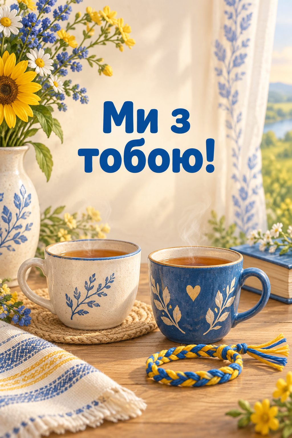 Листівка для військових: дві чашки чаю й синьо-жовтий плетений браслет, напис «Ми з тобою!»