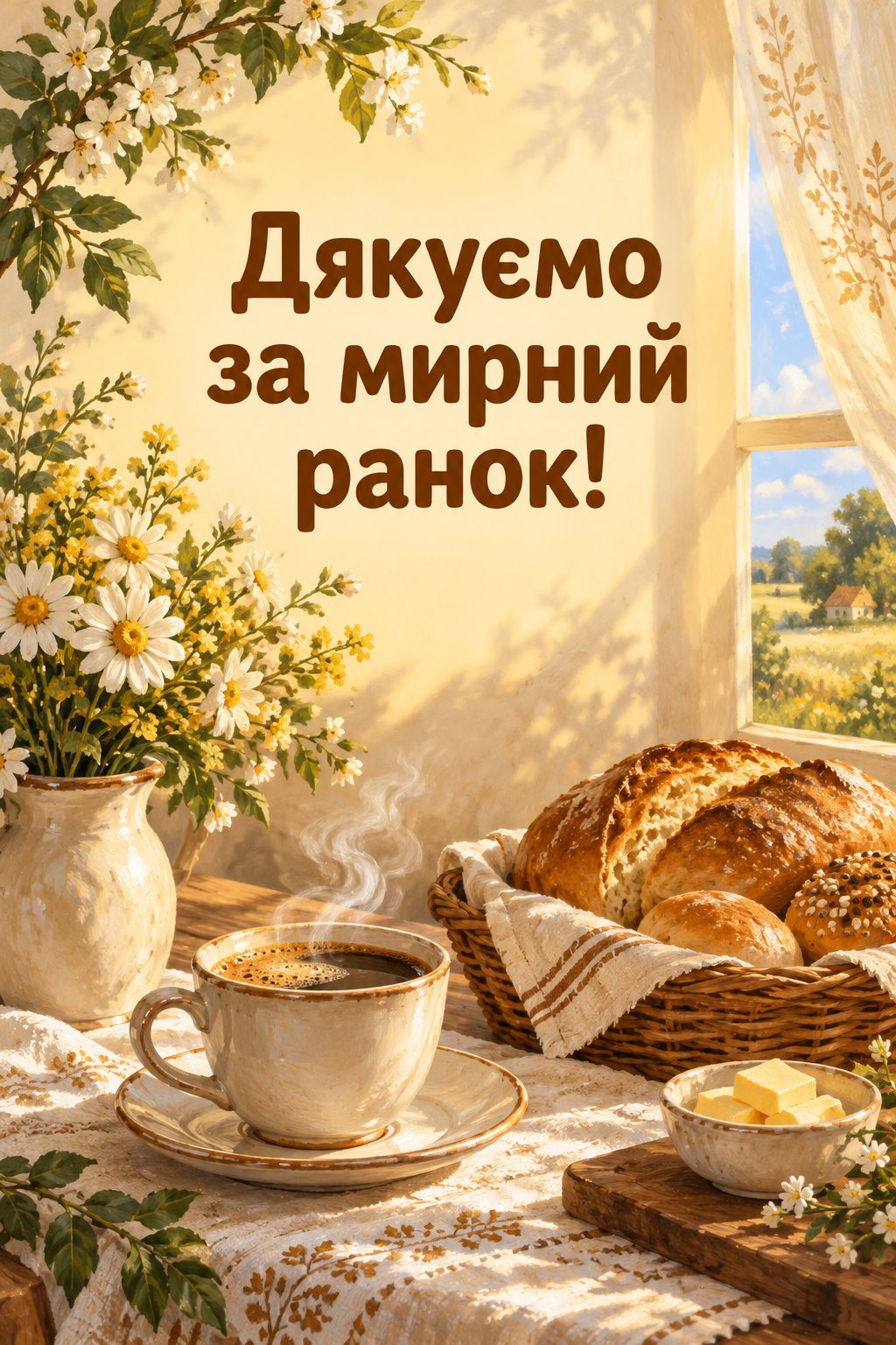 Листівка для військових: сніданок біля сонячного вікна, напис «Дякуємо за мирний ранок!»