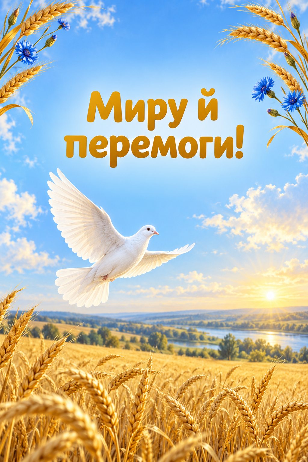 Листівка для військових: білий голуб над пшеничним полем, напис «Миру й перемоги!»