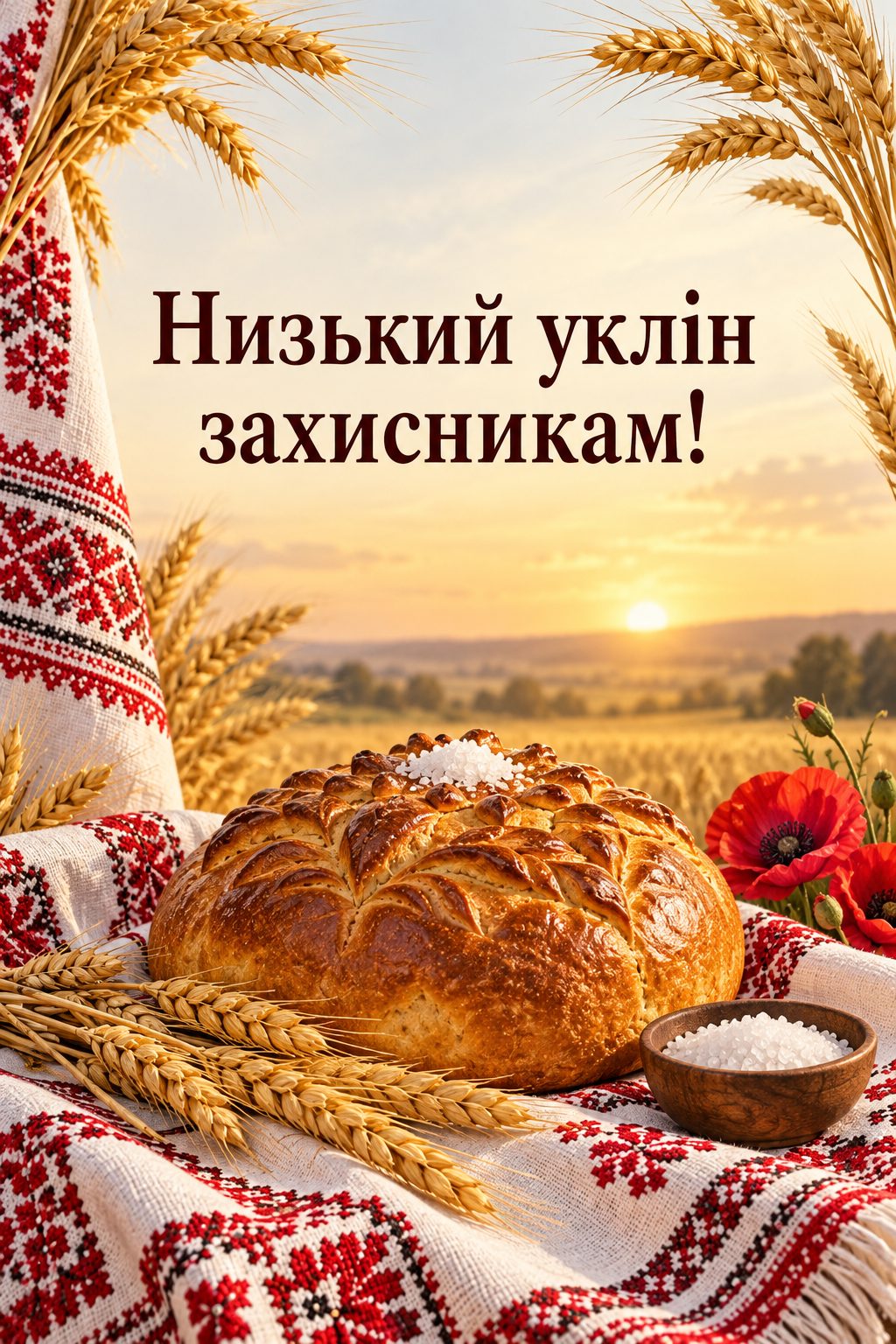 Листівка для військових: коровай із сіллю на вишитому рушнику, напис «Низький уклін захисникам!»