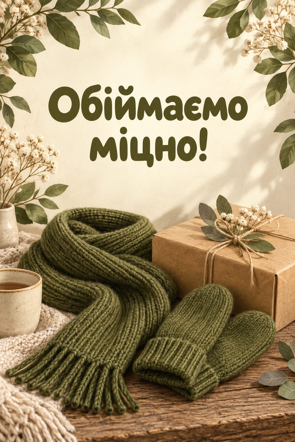 Листівка для військових: в'язаний шарф, рукавички й посилка, напис «Обіймаємо міцно!»