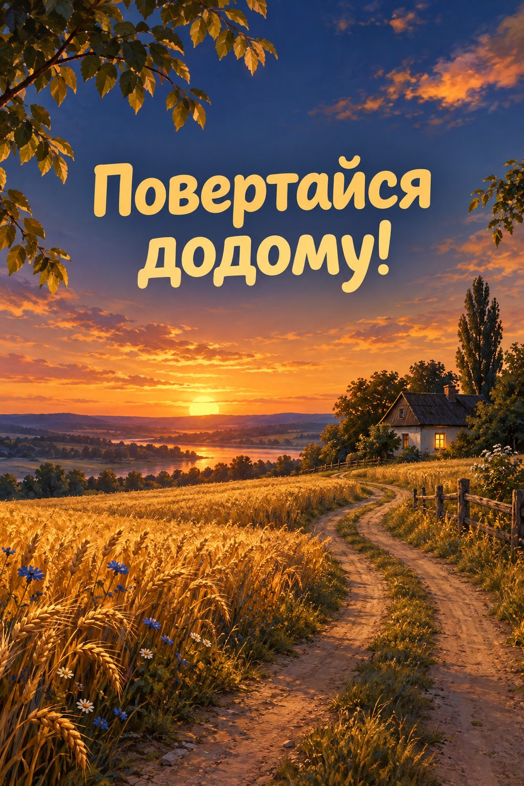Листівка для військових: дорога через пшеничне поле до дому зі світлом у вікні, напис «Повертайся додому!»