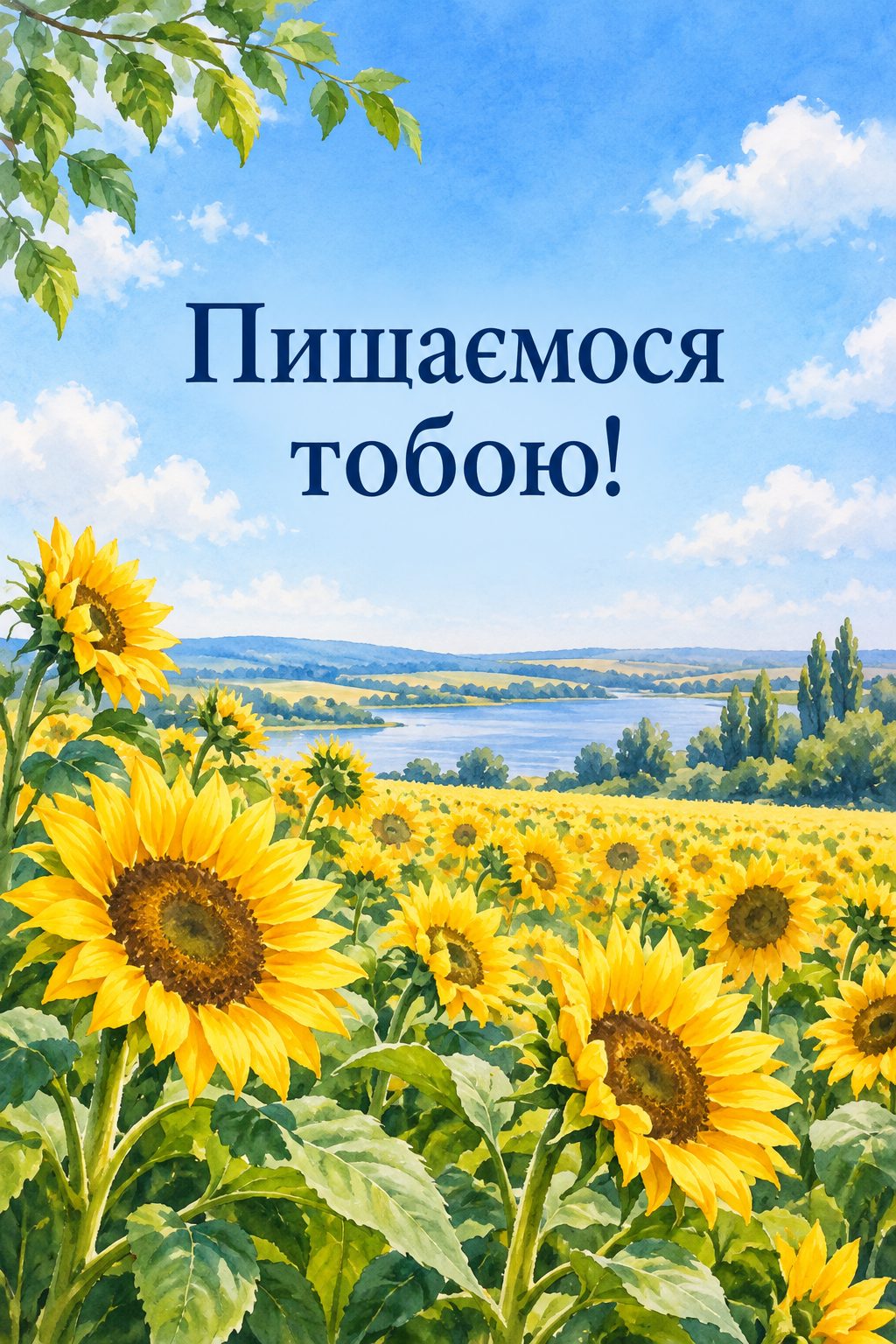 Листівка для військових: соняшникове поле під ясним небом, напис «Пишаємося тобою!»