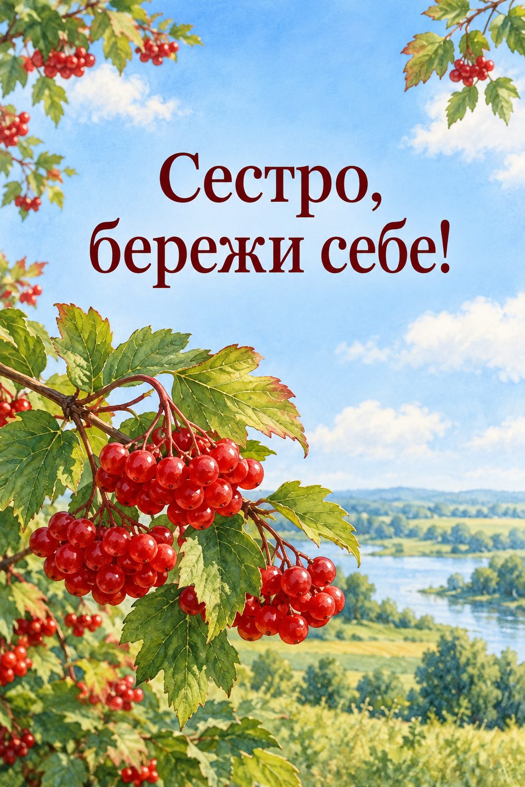 Листівка для військових: гілка калини на тлі ясного неба, напис «Сестро, бережи себе!»