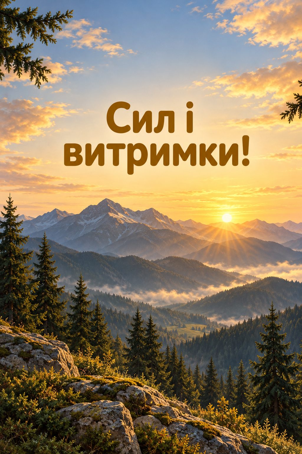 Листівка для військових: гірський хребет на світанку, напис «Сил і витримки!»
