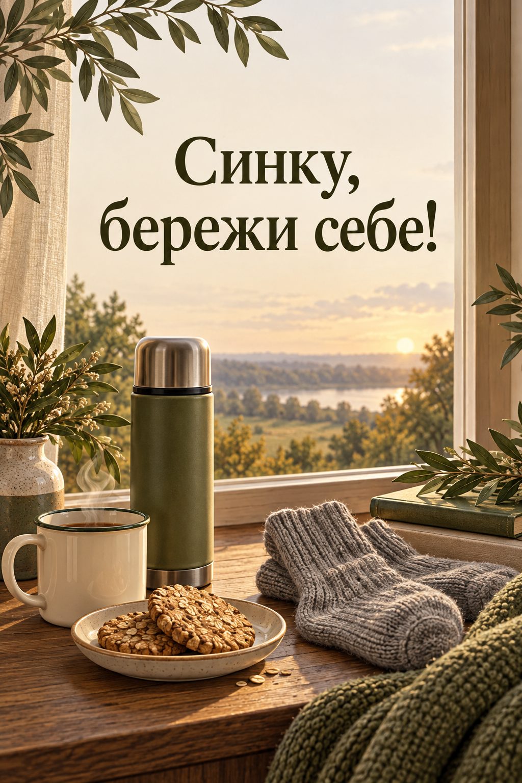 Листівка для військових: термос, в'язані шкарпетки й домашнє печиво, напис «Синку, бережи себе!»