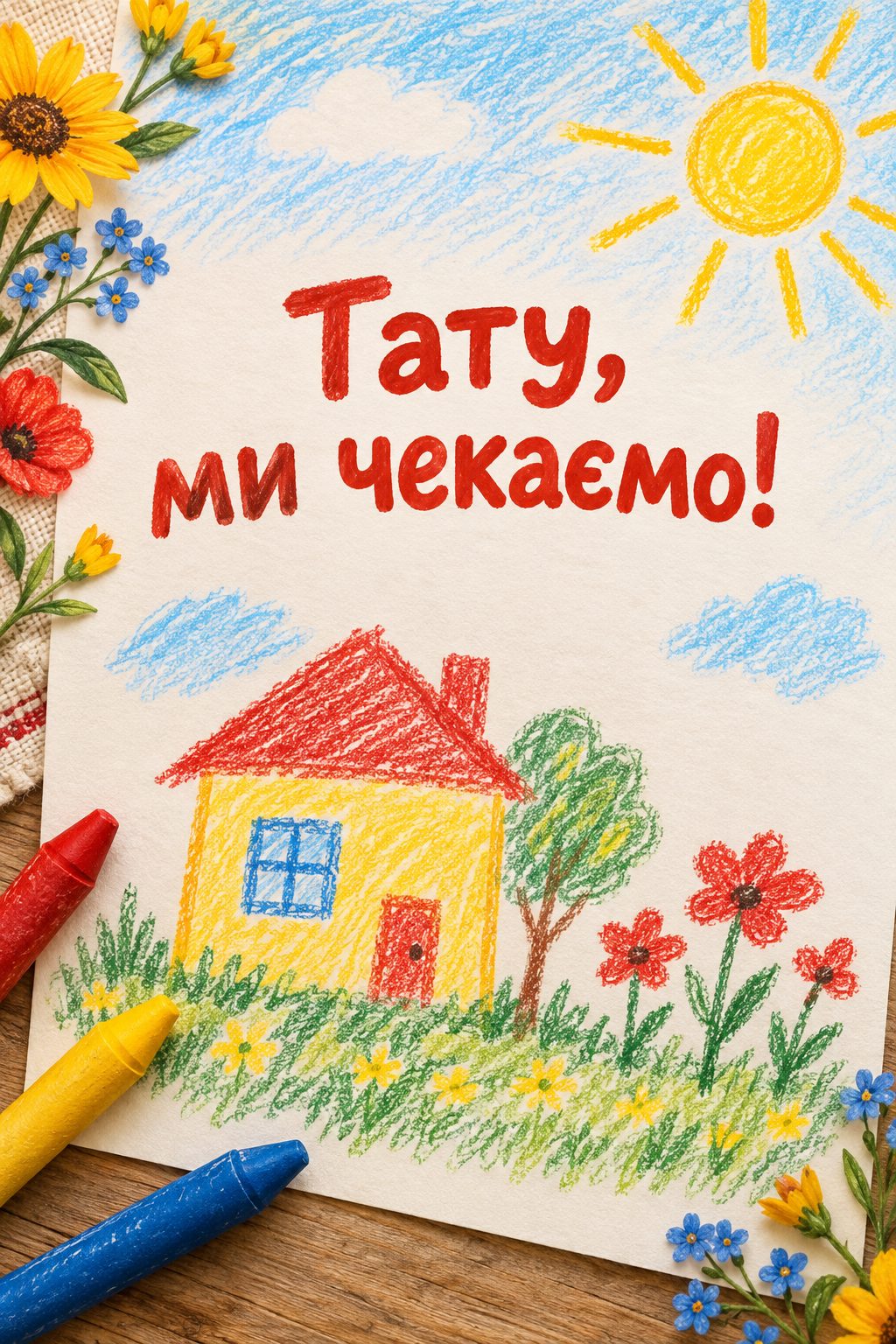 Листівка для військових: дитячий малюнок будинку й сонця, напис «Тату, ми чекаємо!»