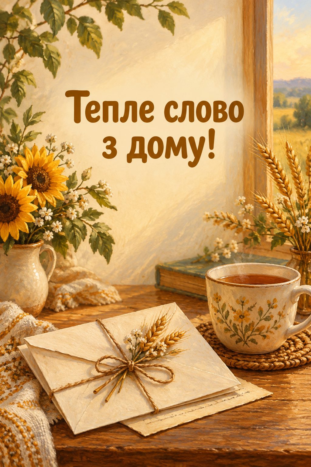 Листівка для військових: лист на столі, чашка чаю й колосок, напис «Тепле слово з дому!»