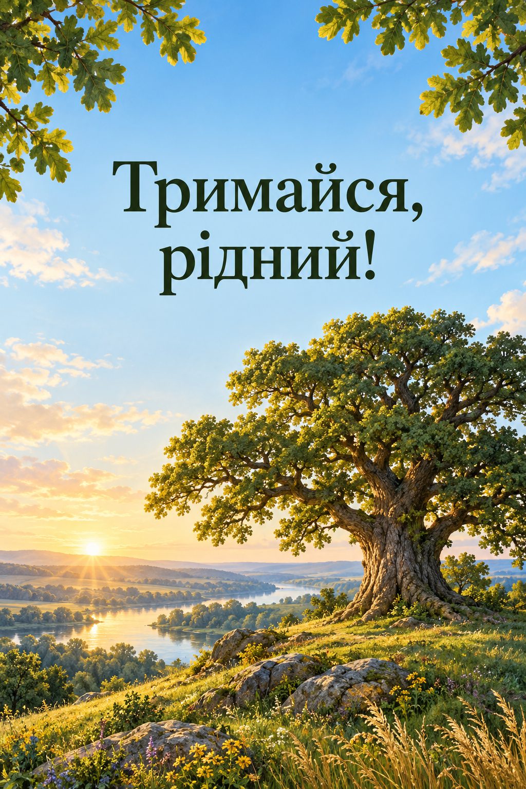 Листівка для військових: міцний старий дуб на пагорбі, напис «Тримайся, рідний!»