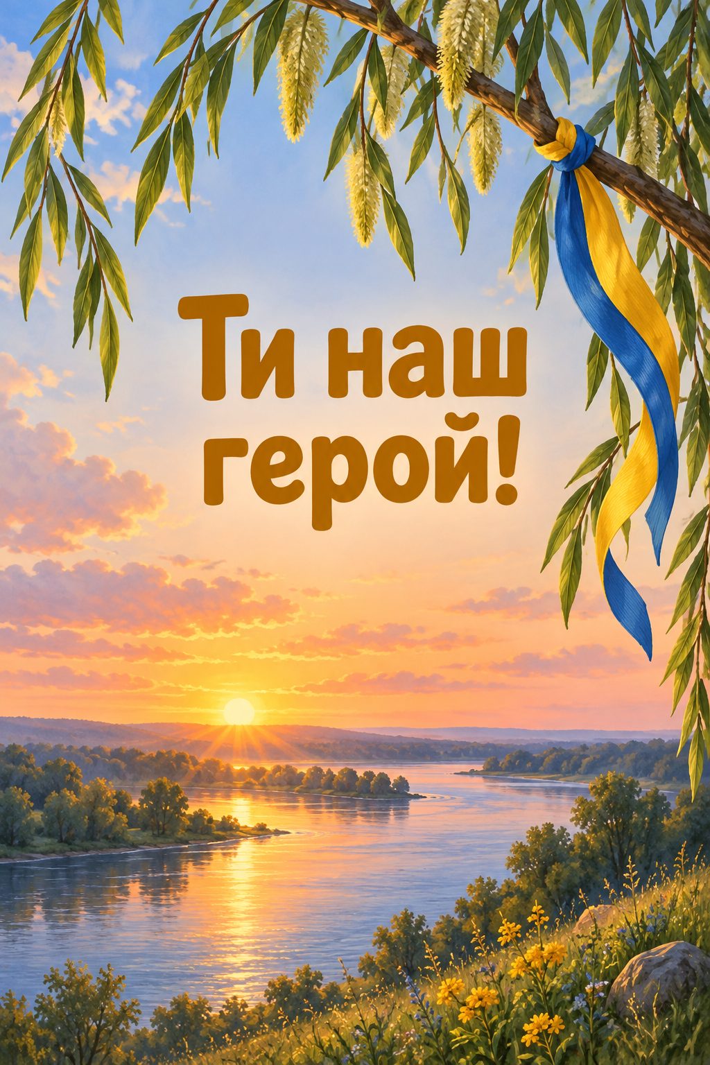 Листівка для військових: світанок над річкою й синьо-жовта стрічка на вербі, напис «Ти наш герой!»