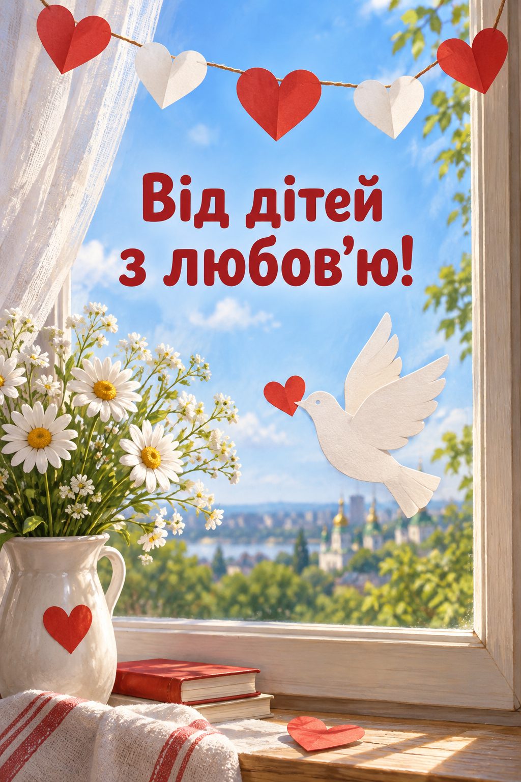 Листівка для військових: паперові сердечка й голуб на вікні, напис «Від дітей з любов'ю!»