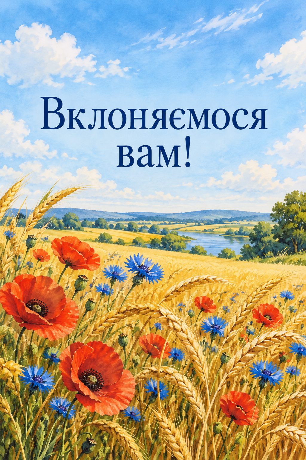 Листівка для військових: пшеничне поле з маками й волошками, напис «Вклоняємося вам!»