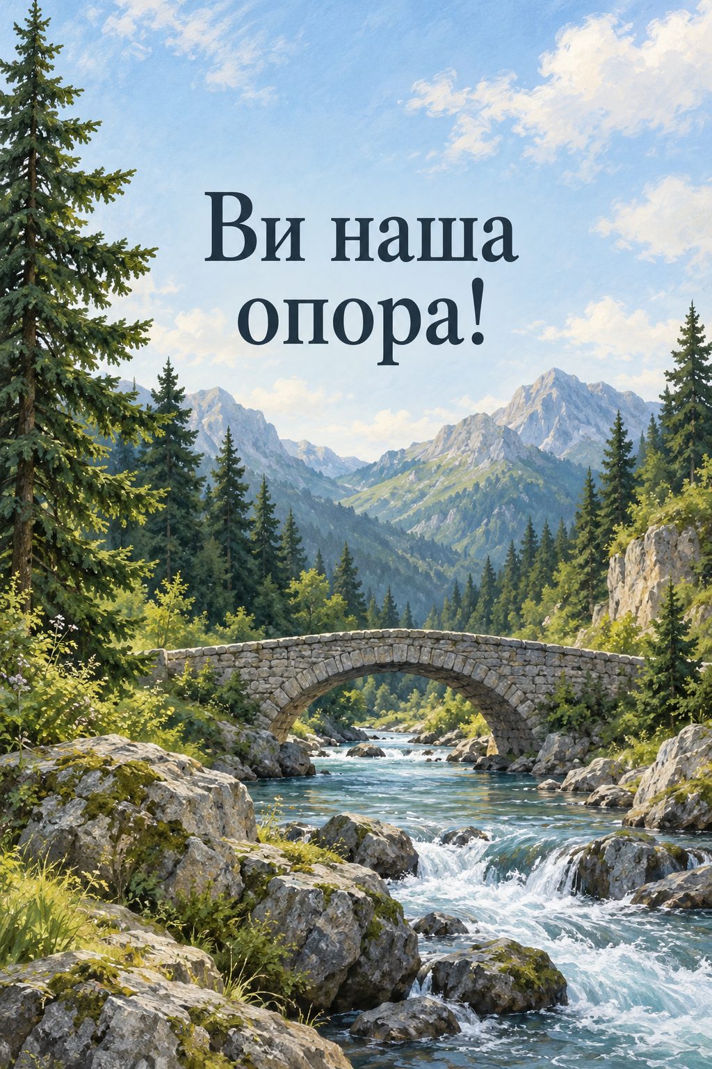 Листівка для військових: кам'яний міст над гірською річкою, напис «Ви наша опора!»