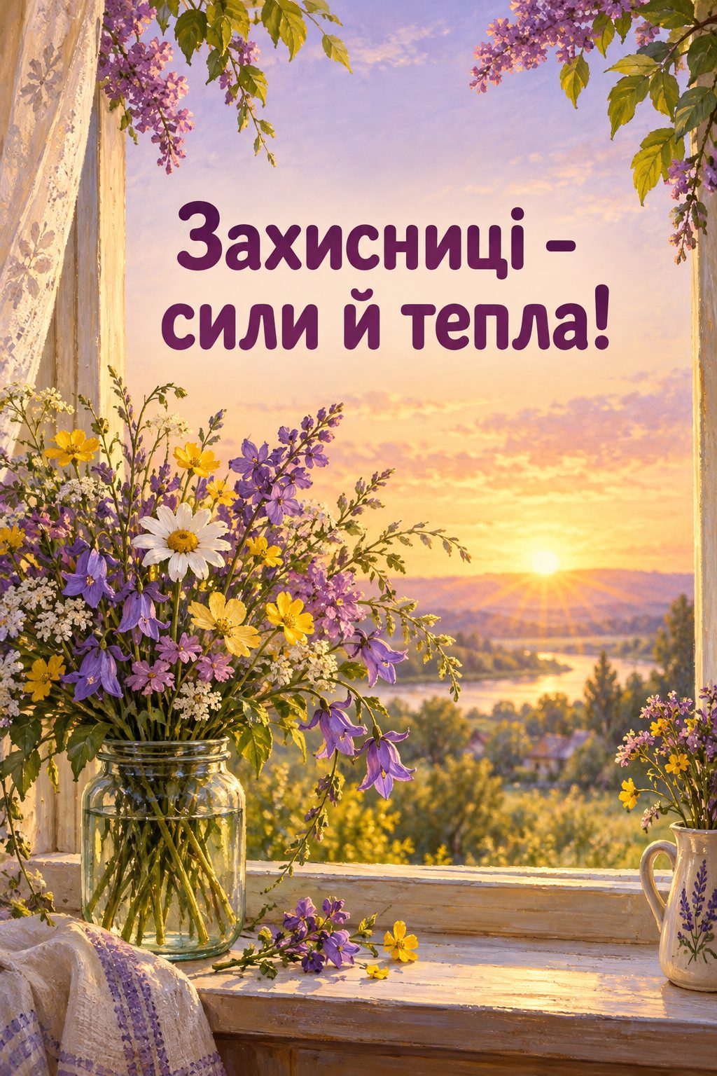 Листівка для військових: букет польових квітів на підвіконні на світанку, напис «Захисниці - сили й тепла!»