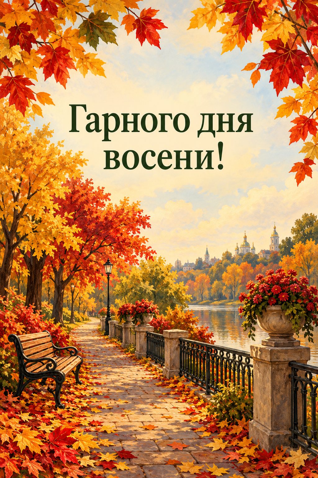 Листівка доброго осіннього ранку: паркова алея із золотими й червоними деревами, напис «Гарного дня восени!»