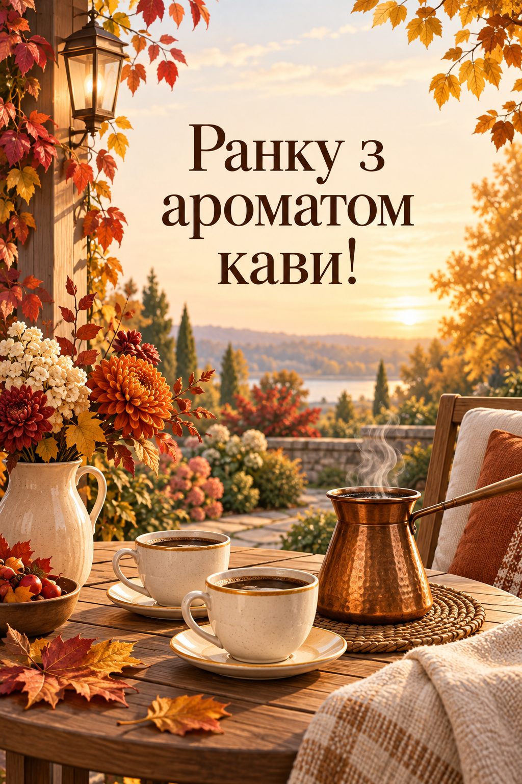 Листівка доброго осіннього ранку: кавник і дві чашки на веранді з видом на осінній сад, напис «Ранку з ароматом кави!»
