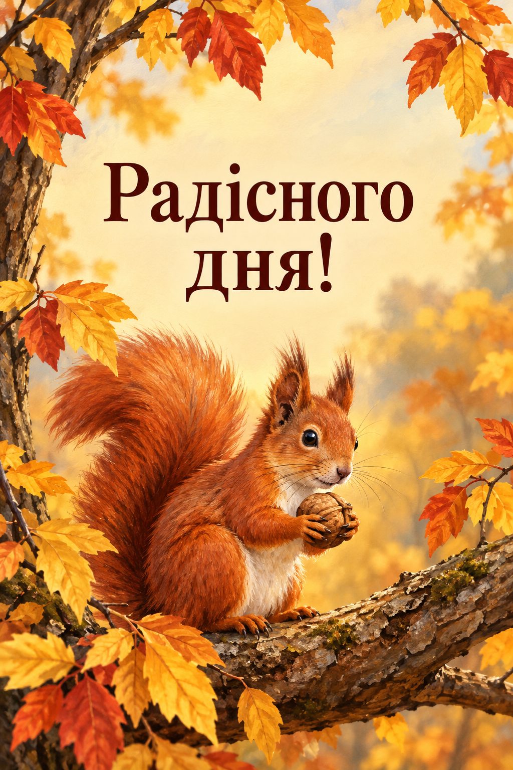 Листівка доброго осіннього ранку: руда білка з горіхом на гілці з жовтим листям, напис «Радісного дня!»