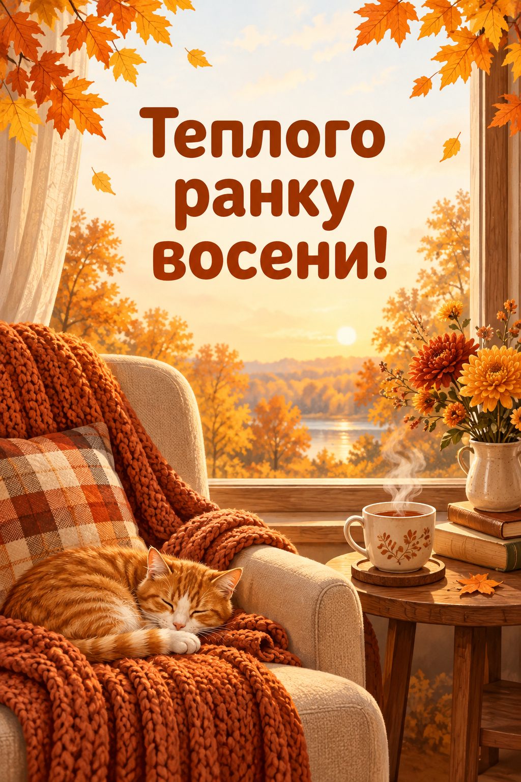 Листівка доброго осіннього ранку: чашка чаю й плед у кріслі біля вікна із золотими деревами, напис «Теплого ранку восени!»