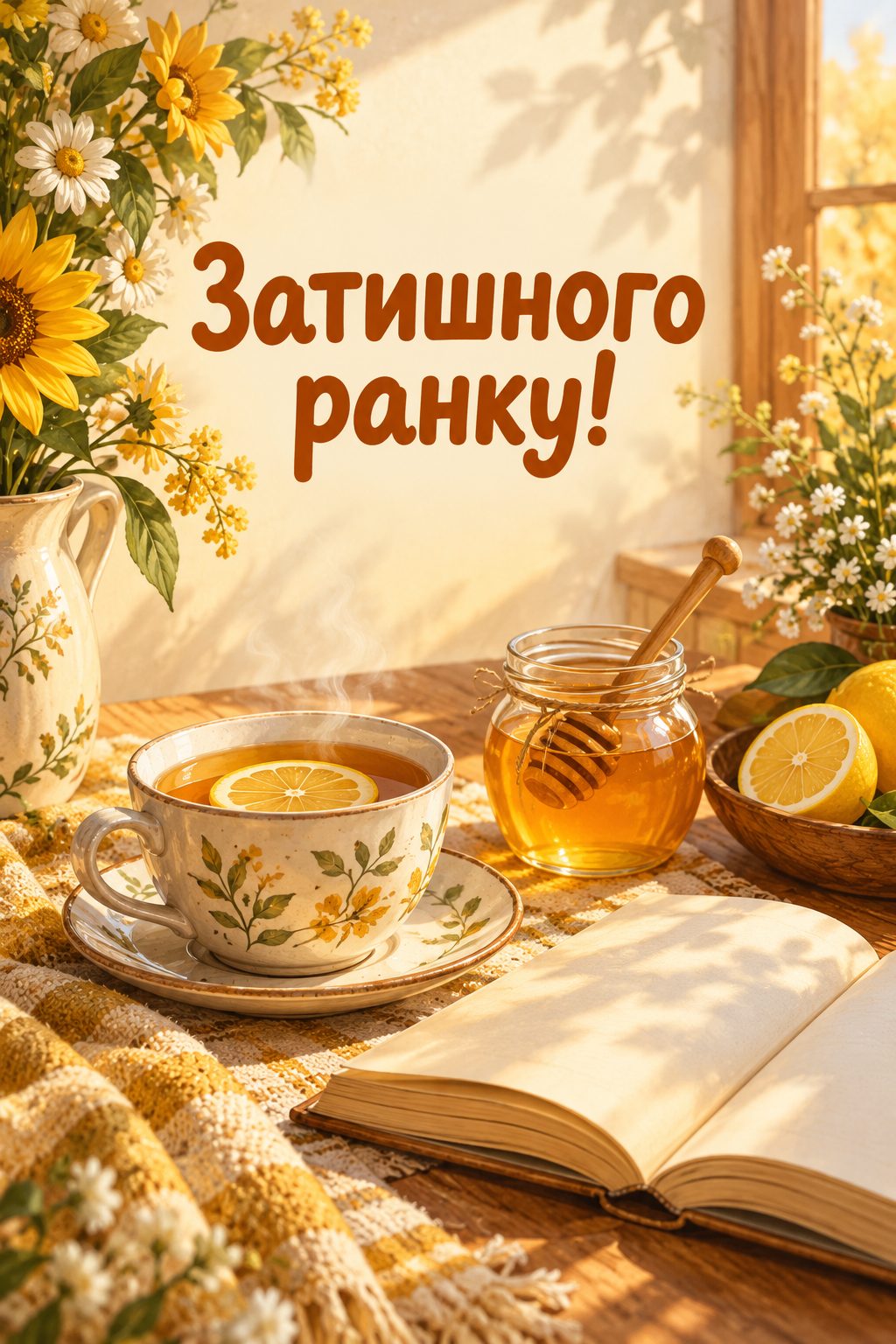 Листівка доброго осіннього ранку: чай із лимоном, мед і розгорнута книжка на столі, напис «Затишного ранку!»