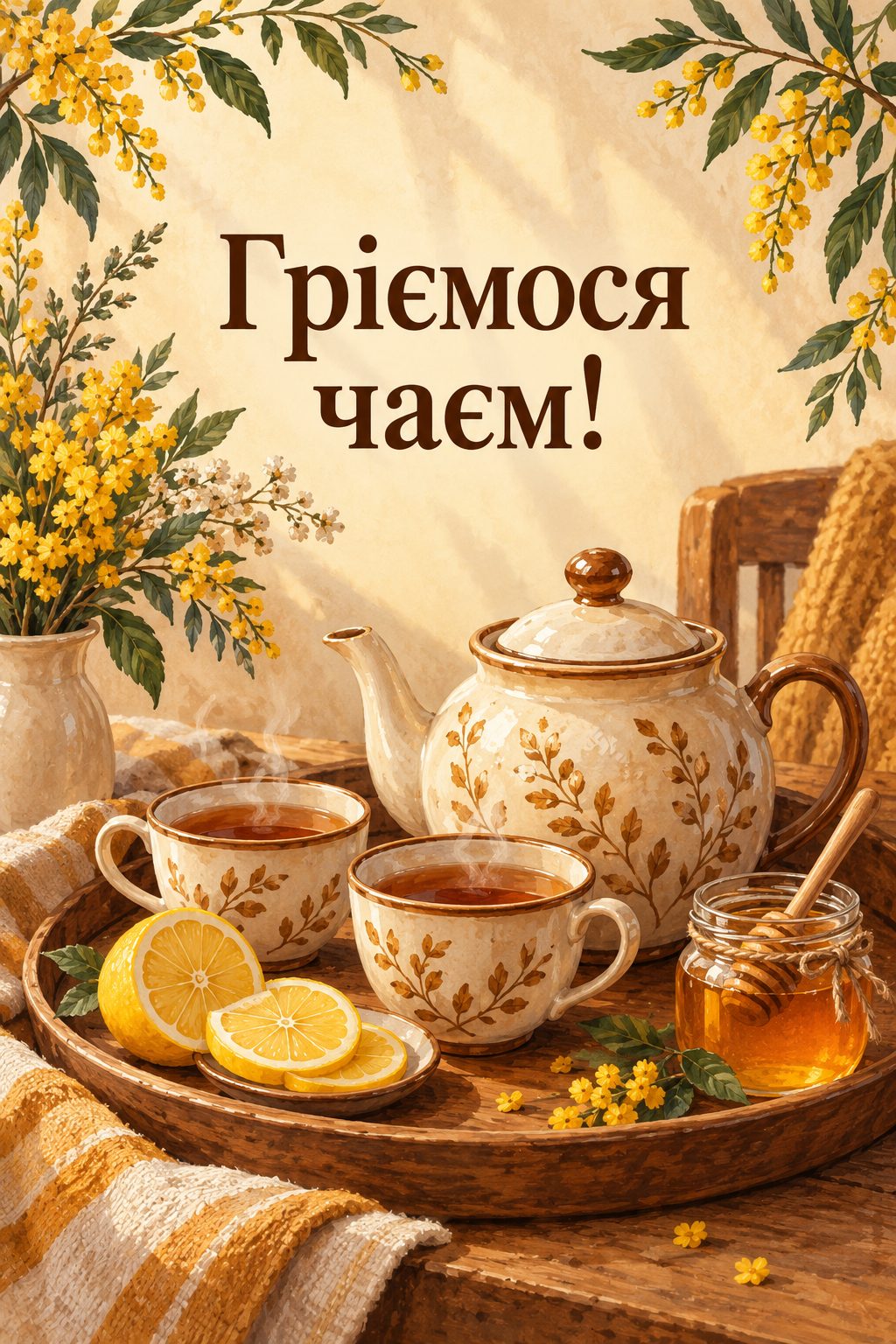 Листівка доброго осіннього ранку: чайник, дві чашки, лимон і мед на таці, напис «Гріємося чаєм!»