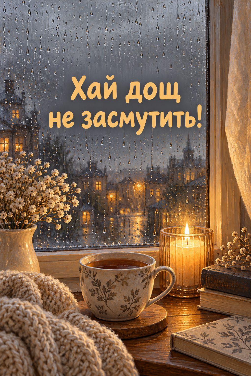 Листівка доброго осіннього ранку: краплі дощу на вікні, свічка й чашка чаю, напис «Хай дощ не засмутить!»