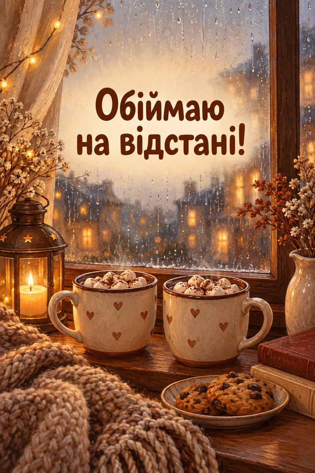 Листівка доброго осіннього ранку: дві чашки какао на підвіконні, за вікном дощ, напис «Обіймаю на відстані!»
