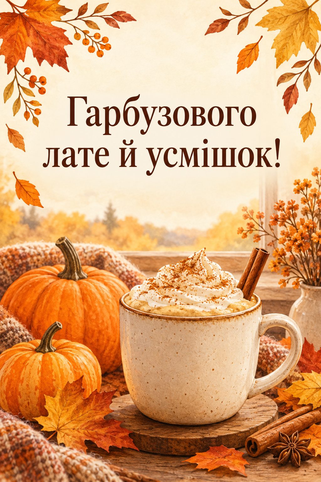 Листівка доброго осіннього ранку: гарбузове лате поруч із маленькими гарбузами й листям, напис «Гарбузового лате й усмішок!»