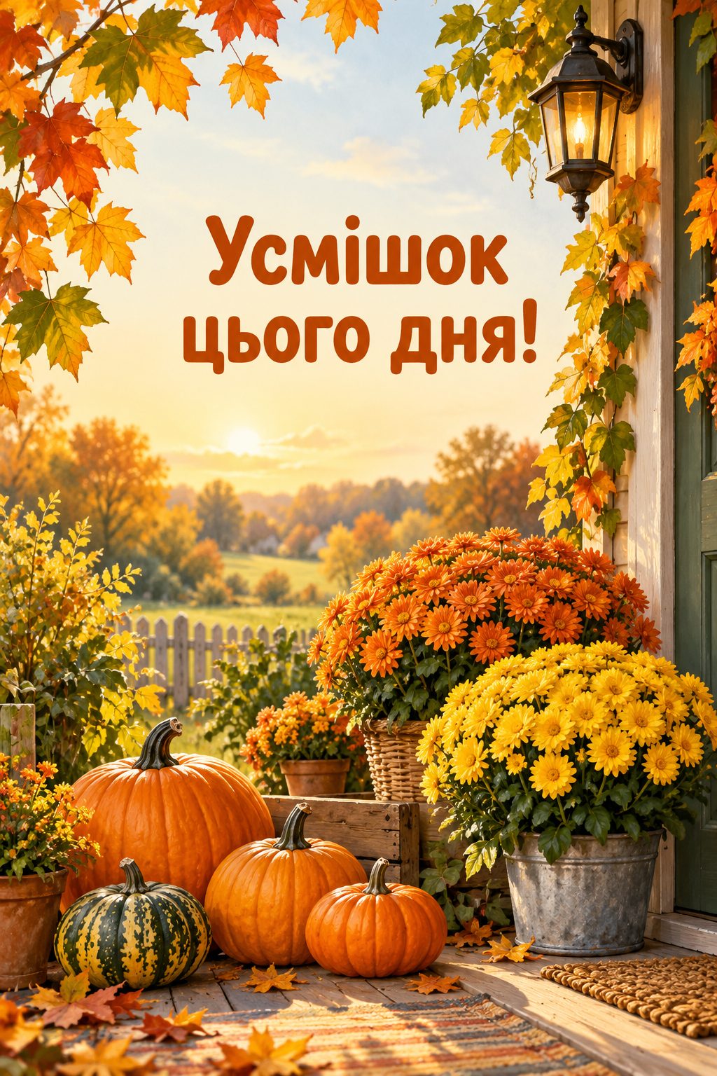 Листівка доброго осіннього ранку: гарбузи й хризантеми на ґанку будинку, напис «Усмішок цього дня!»