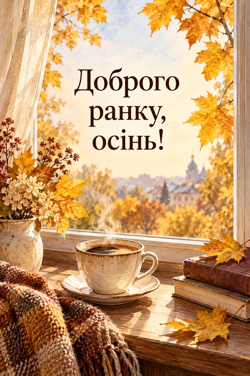 Листівка доброго осіннього ранку: чашка кави на підвіконні, за вікном жовте кленове листя, напис «Доброго ранку, осінь!»