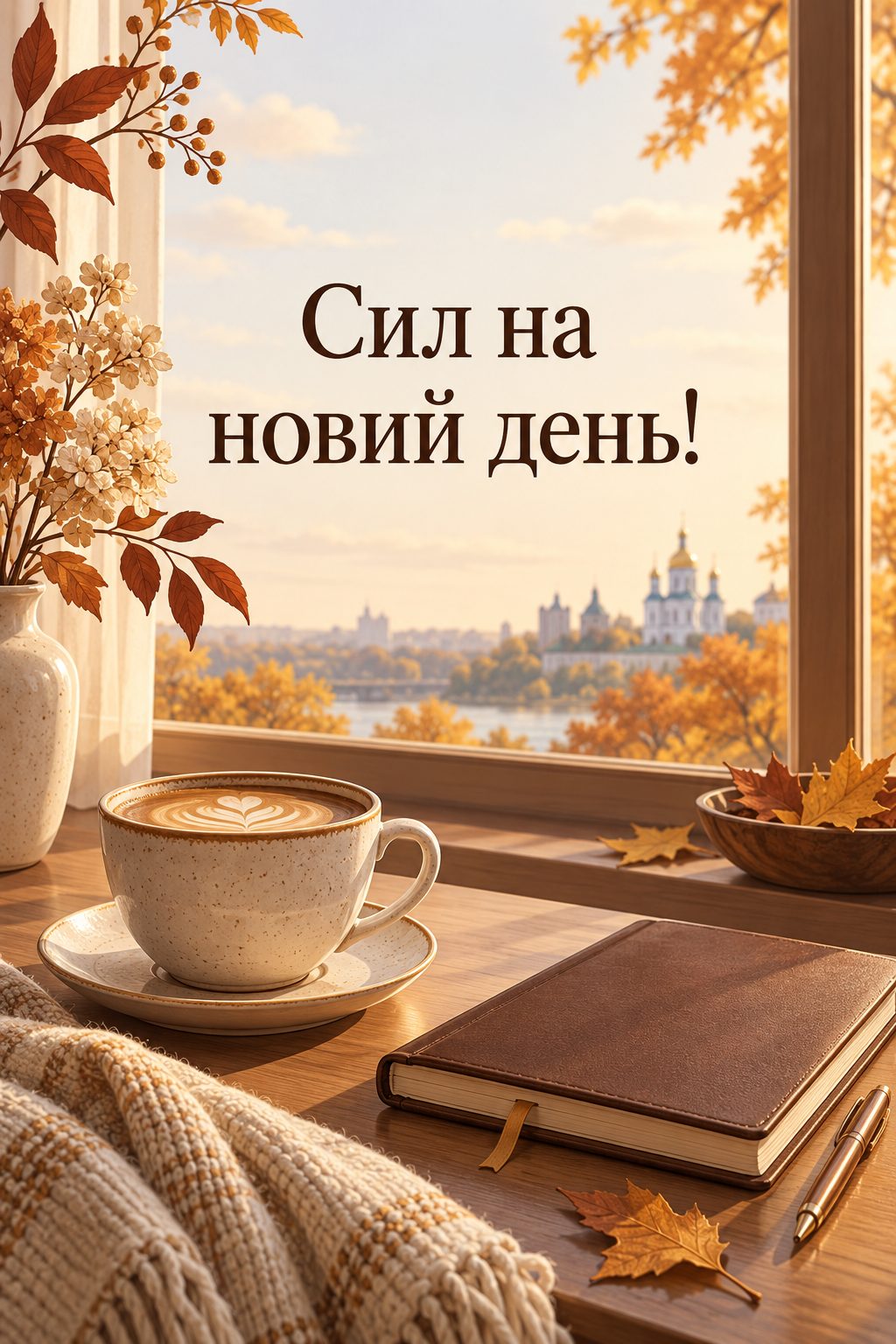 Листівка доброго осіннього ранку: кава й блокнот на столі біля вікна, напис «Сил на новий день!»