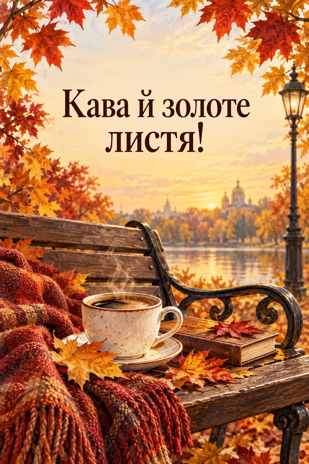 Листівка доброго осіннього ранку: чашка кави на парковій лаві серед кленового листя, напис «Кава й золоте листя!»