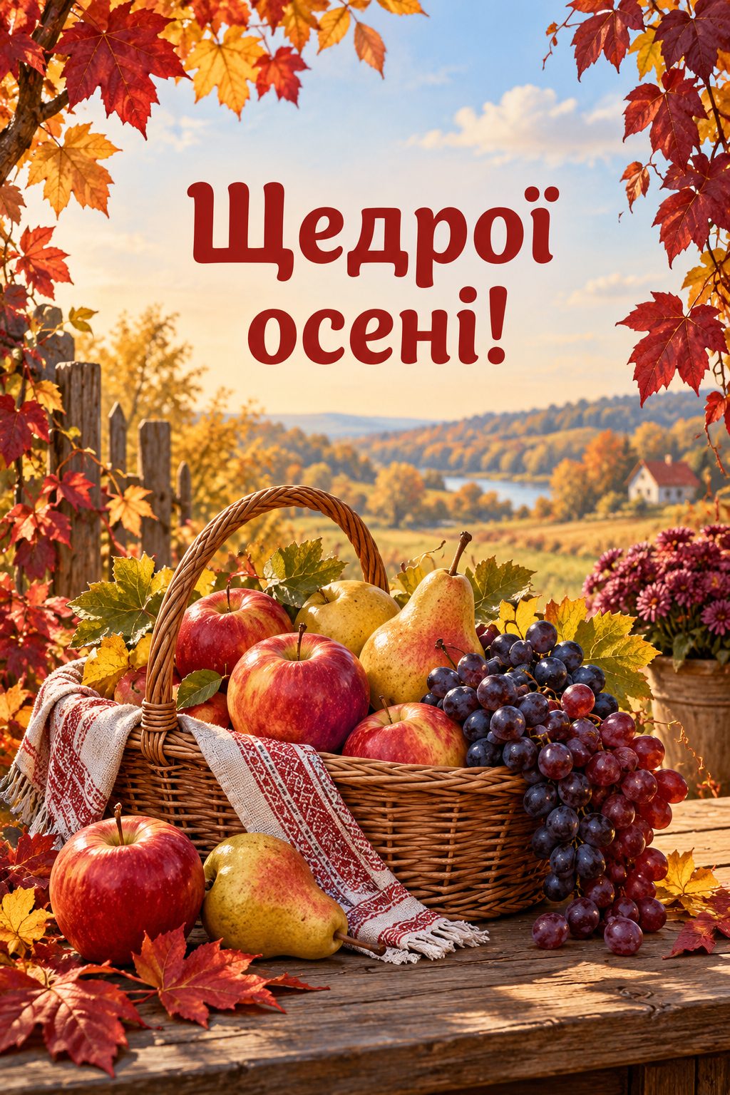 Листівка доброго осіннього ранку: кошик яблук, груш і винограду на столі в саду, напис «Щедрої осені!»