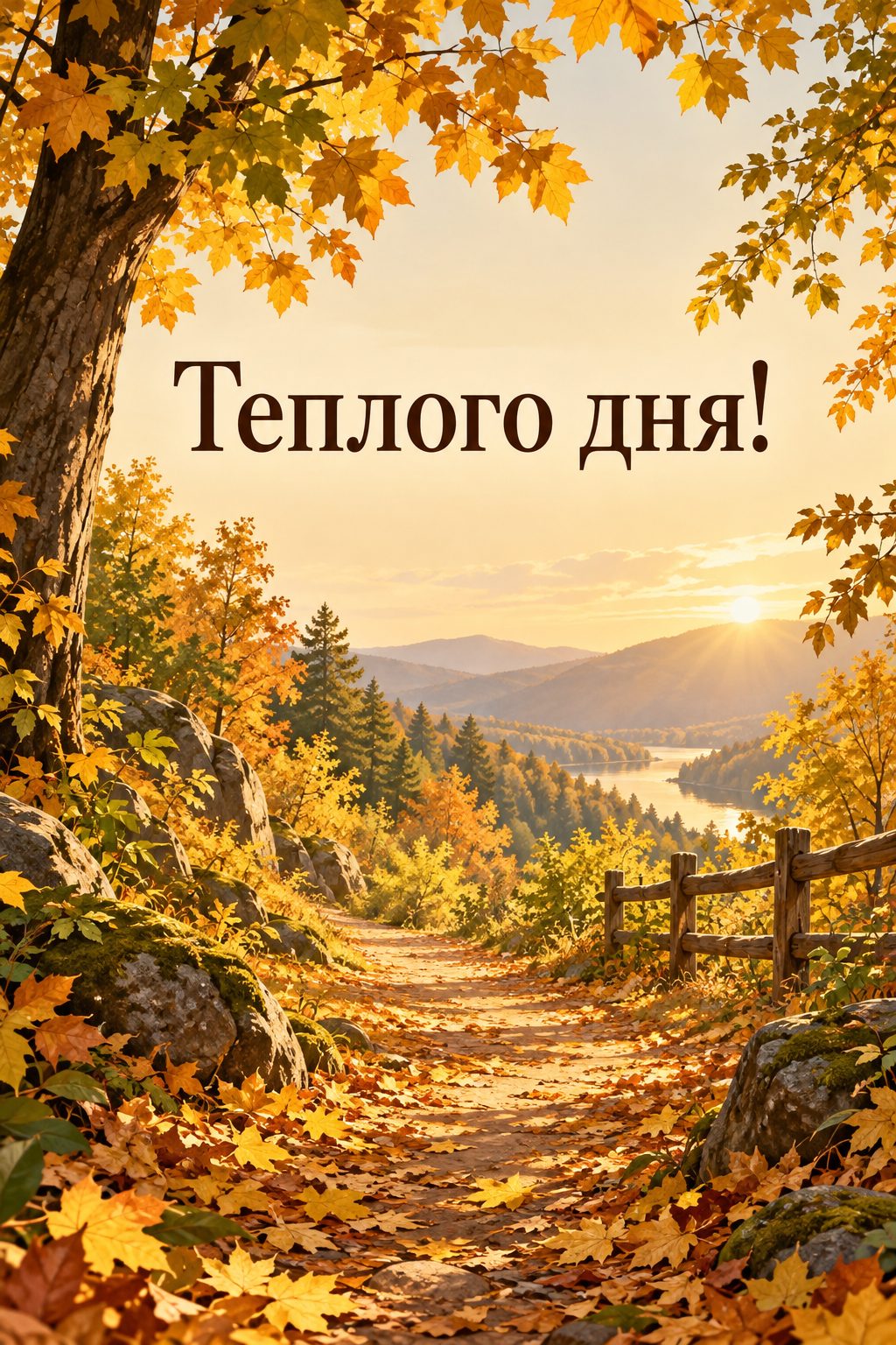 Листівка доброго осіннього ранку: сонячна лісова стежка в золотому листі, напис «Теплого дня!»