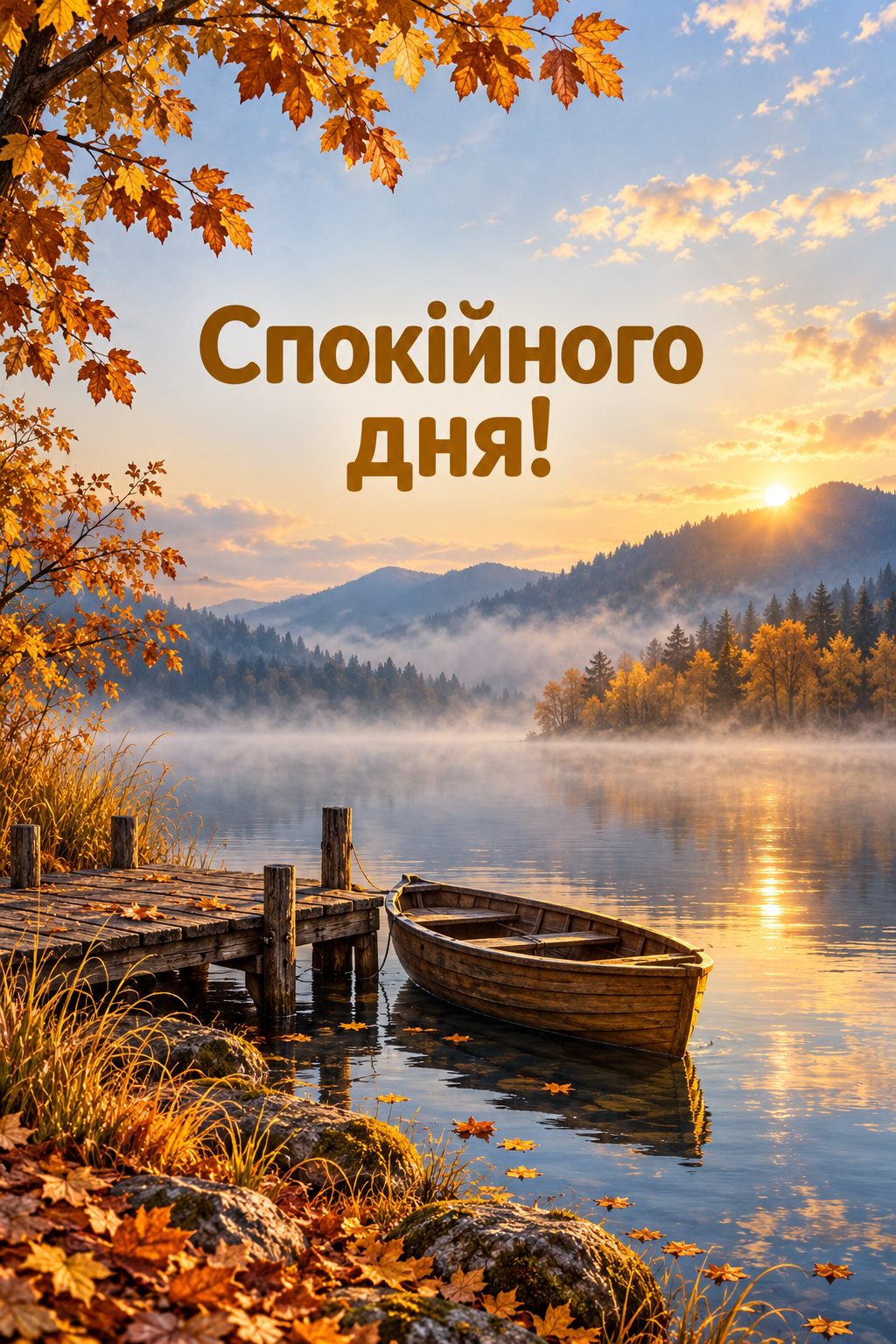 Листівка доброго осіннього ранку: туманне озеро з дерев'яним човном, напис «Спокійного дня!»
