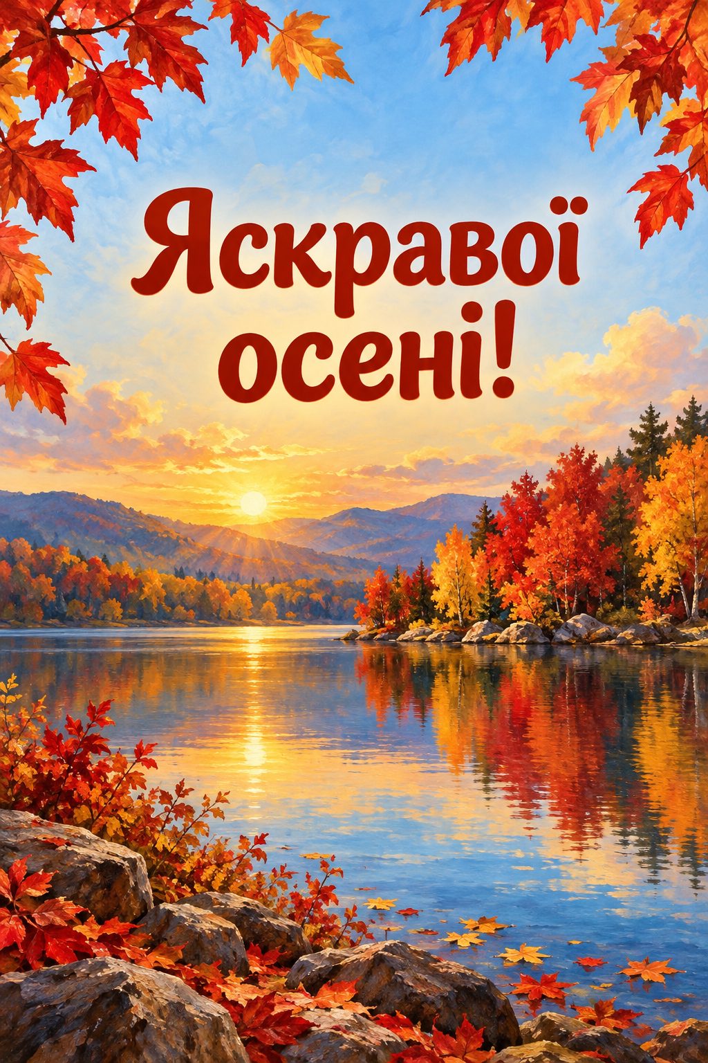 Листівка доброго осіннього ранку: тихе озеро з відображенням барвистого лісу, напис «Яскравої осені!»