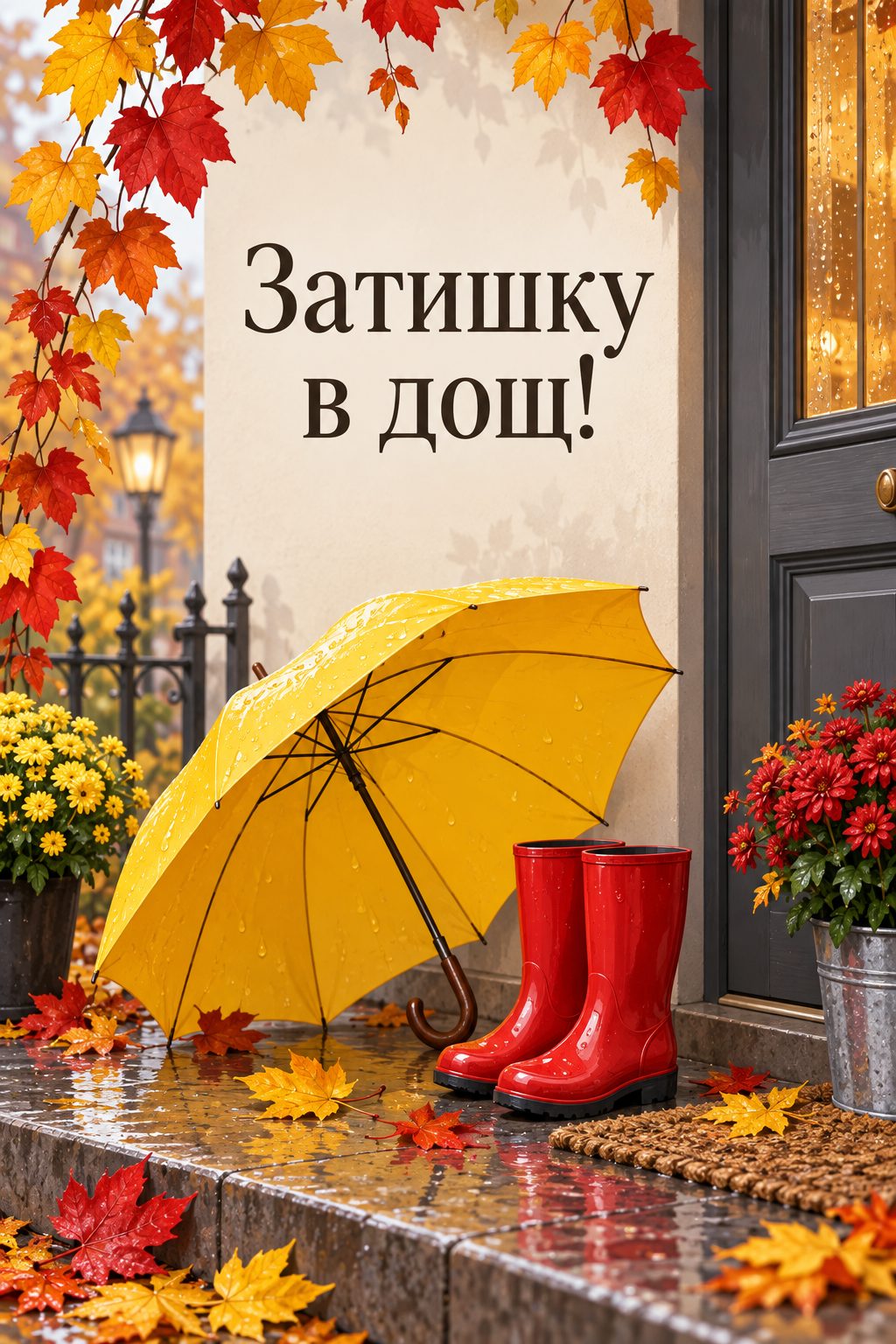 Листівка доброго осіннього ранку: яскрава парасолька й гумові чоботи біля дверей, напис «Затишку в дощ!»