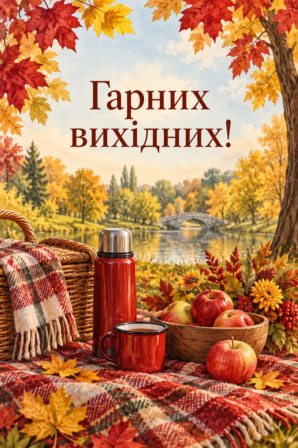 Листівка доброго осіннього ранку: плед для пікніка з термосом і яблуками в парку, напис «Гарних вихідних!»