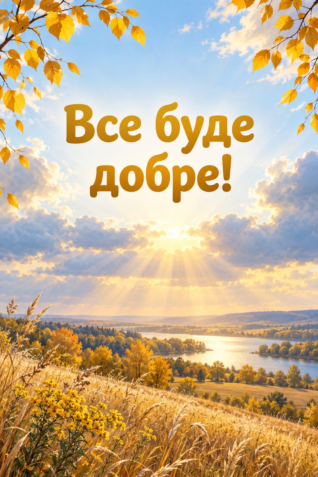 Листівка доброго осіннього ранку: промені сонця крізь хмари над осіннім полем, напис «Все буде добре!»