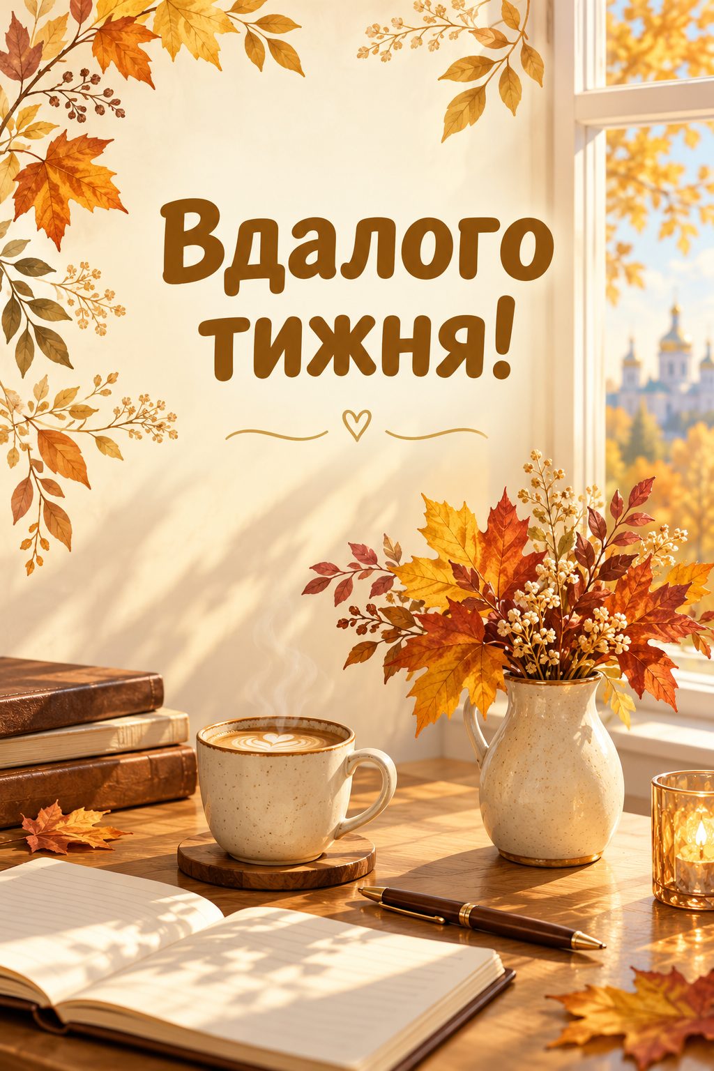 Листівка доброго осіннього ранку: охайний стіл із кавою, ручкою й вазою листя, напис «Вдалого тижня!»