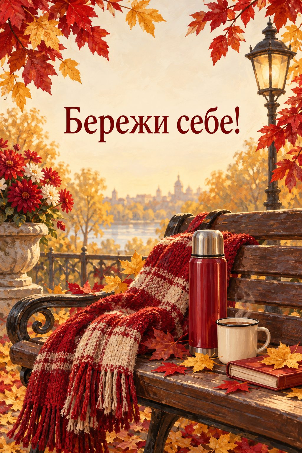 Листівка доброго осіннього ранку: теплий шарф і термос на лаві з листям, напис «Бережи себе!»