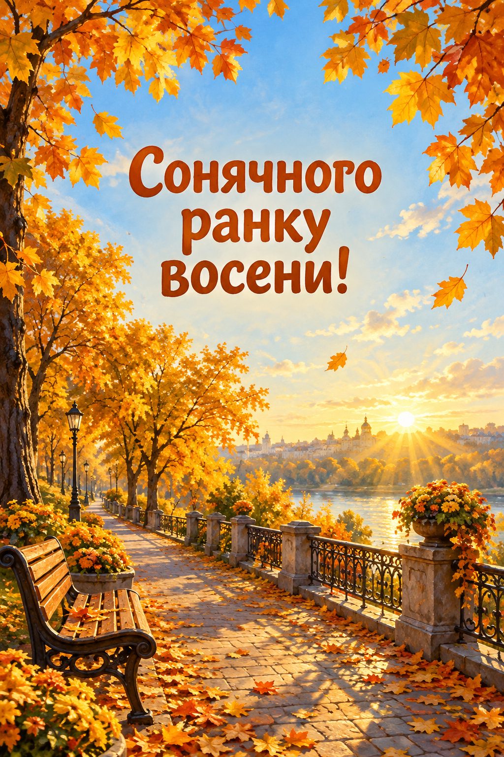 Листівка доброго осіннього ранку: ранкові промені крізь золоті дерева в парку, напис «Сонячного ранку восени!»
