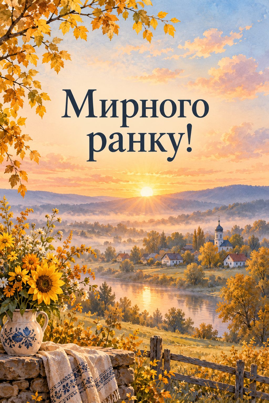 Листівка доброго осіннього ранку: світанок над тихим селом у ранковому тумані, напис «Мирного ранку!»