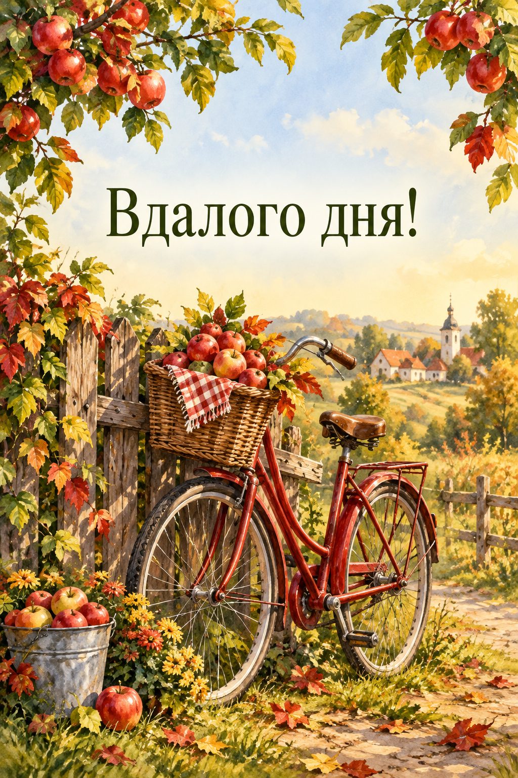 Листівка доброго осіннього ранку: велосипед із кошиком яблук біля паркану, напис «Вдалого дня!»