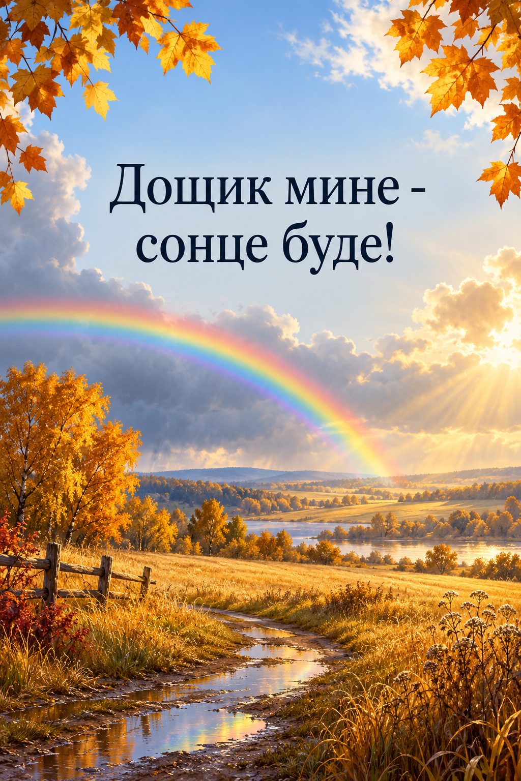 Листівка доброго осіннього ранку: веселка над золотим осіннім полем після дощу, напис «Дощик мине - сонце буде!»