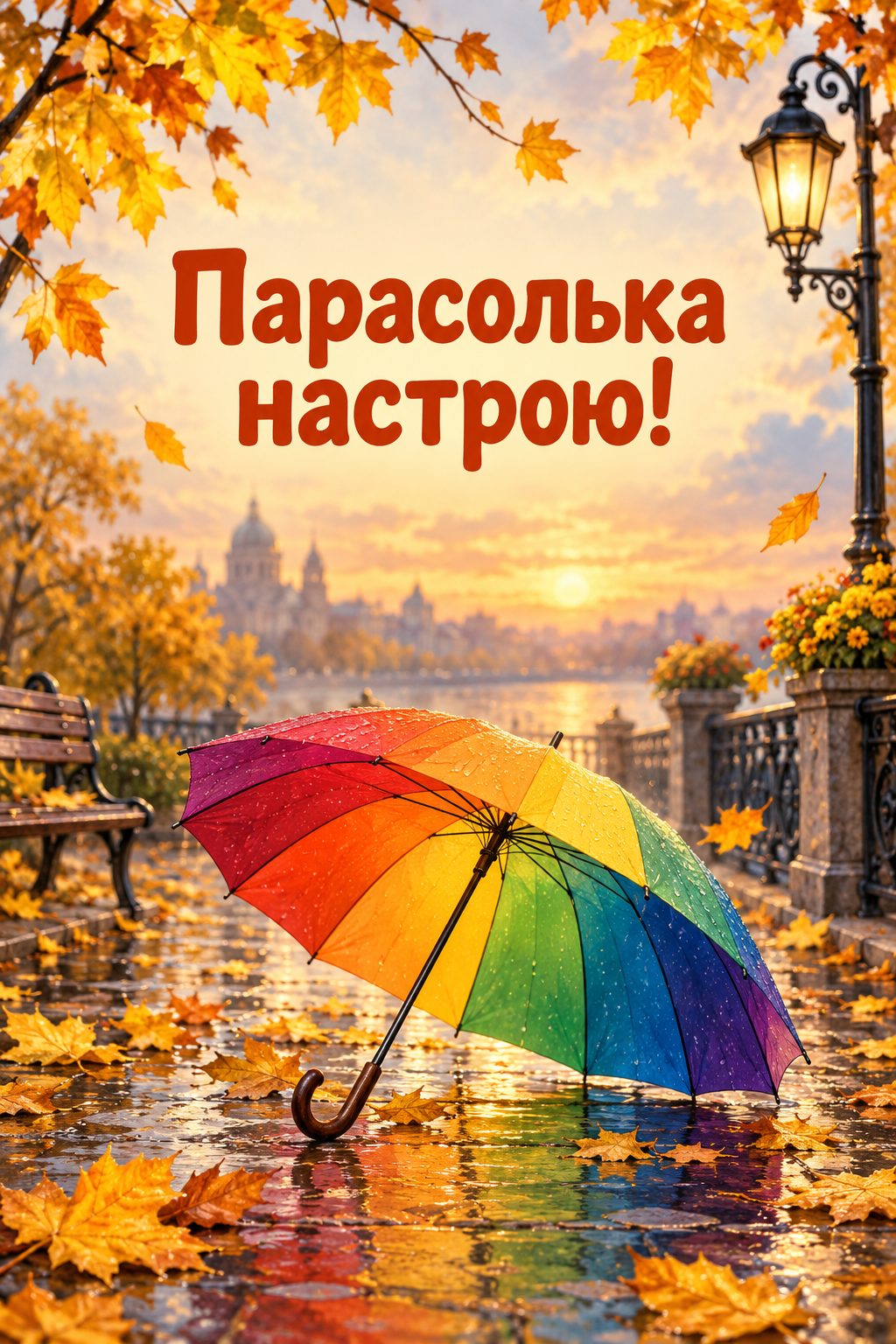 Листівка доброго осіннього ранку: різнокольорова парасолька на мокрій стежці з листям, напис «Парасолька настрою!»