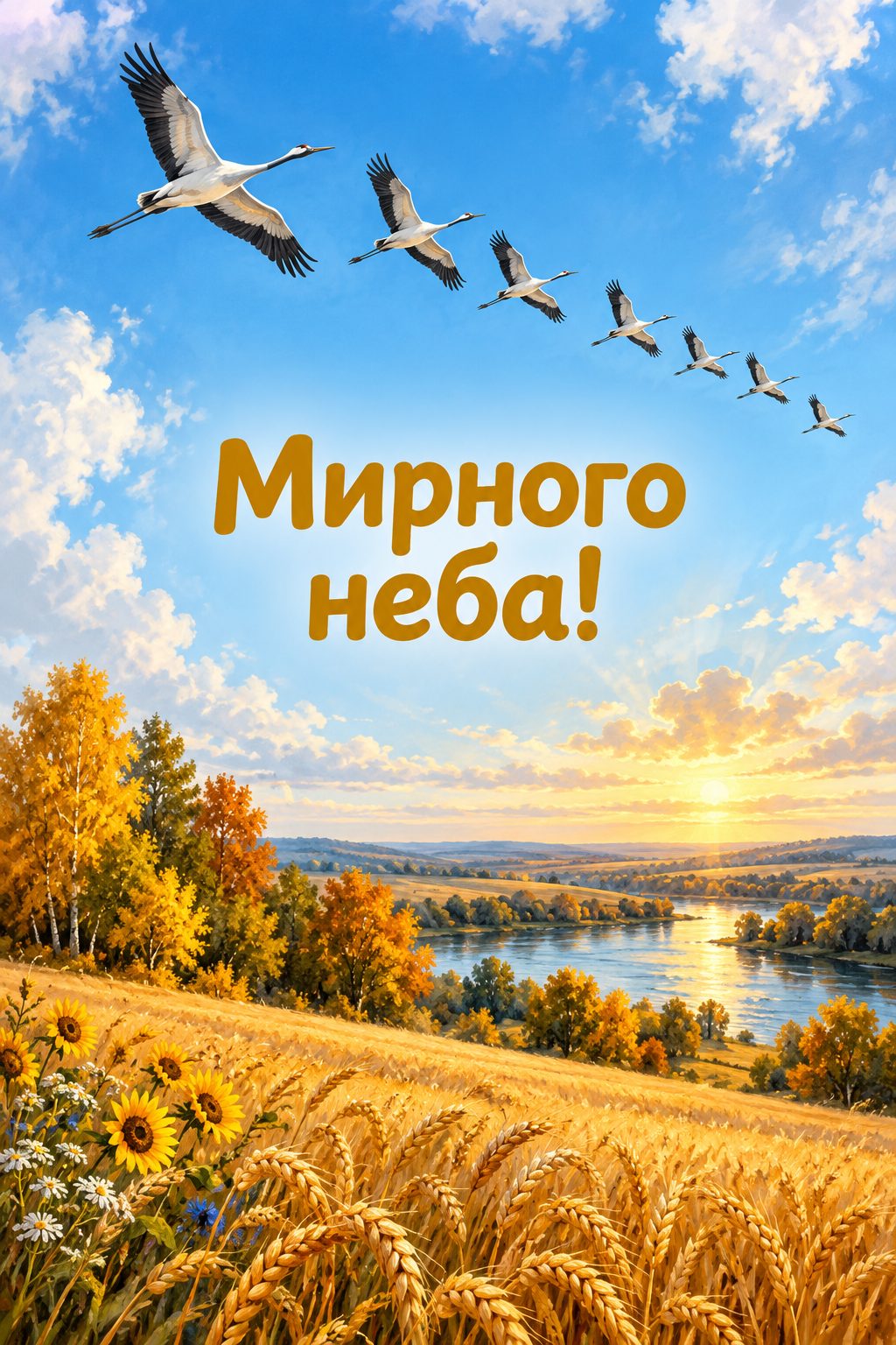 Листівка доброго осіннього ранку: журавлиний ключ у чистому небі над полями, напис «Мирного неба!»