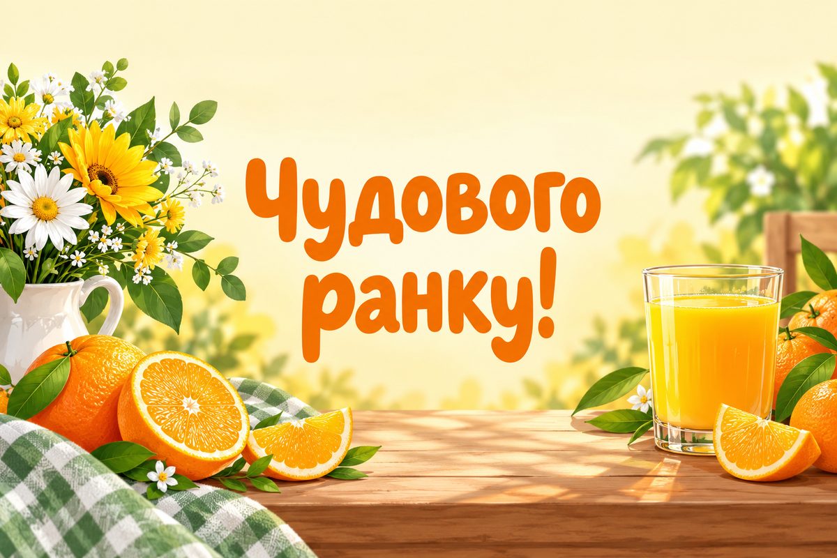 Листівка доброго ранку: апельсиновий сік і фрукти, напис «Чудового ранку!»