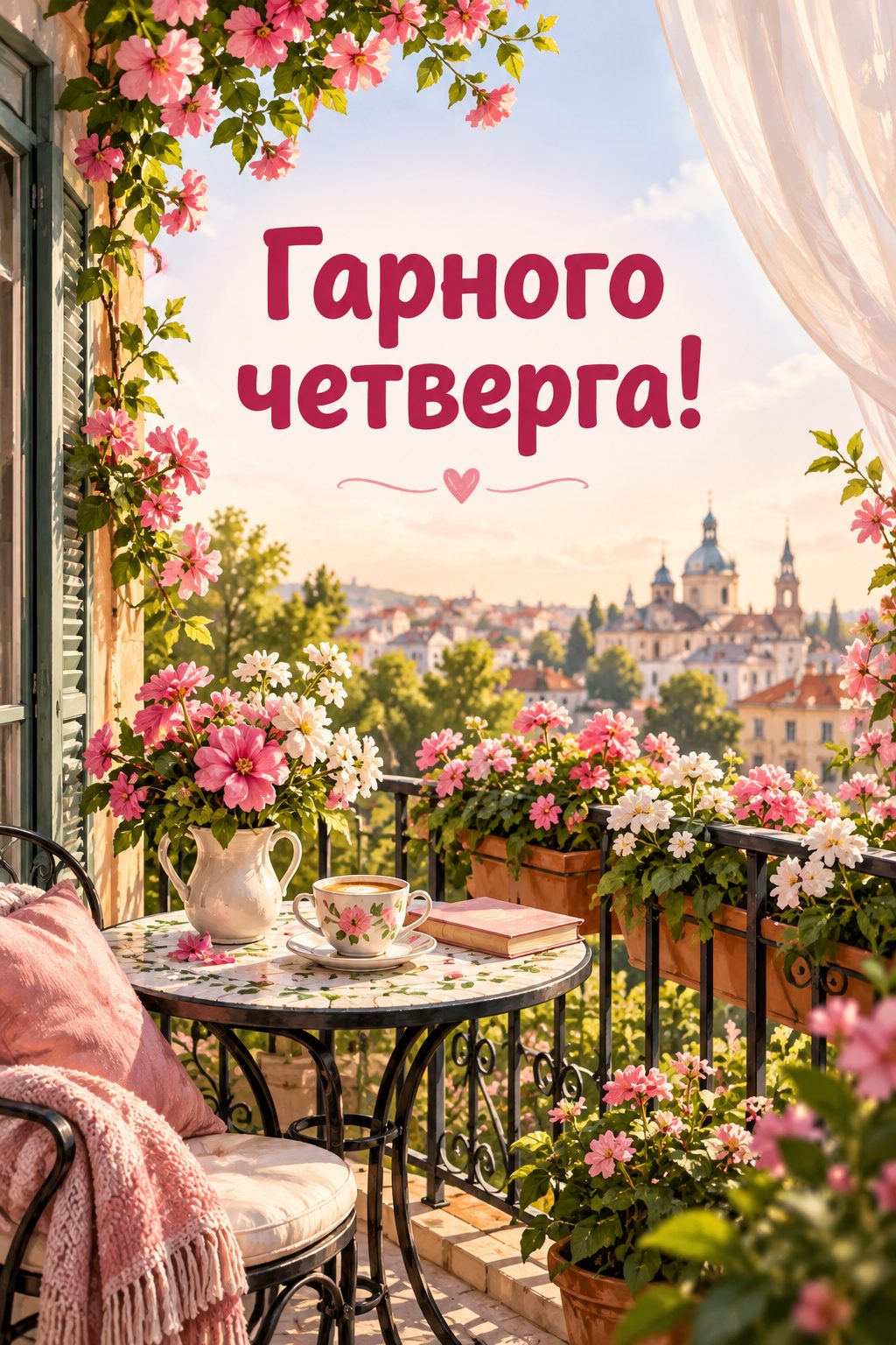 Листівка доброго ранку: балкон із квітами й чашкою на столику, напис «Гарного четверга!»