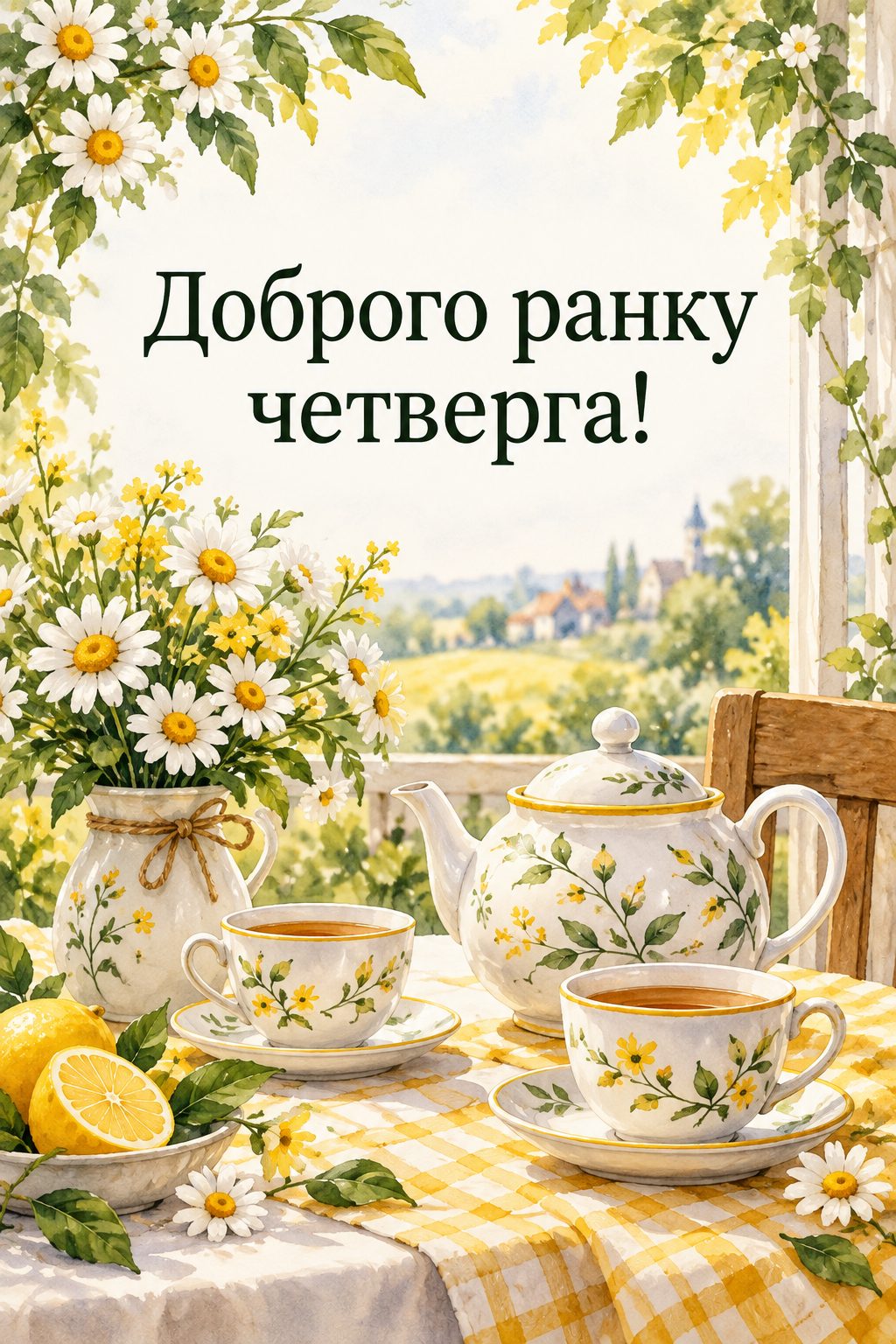 Листівка доброго ранку: чайник, дві чашки й ромашки, напис «Доброго ранку четверга!»