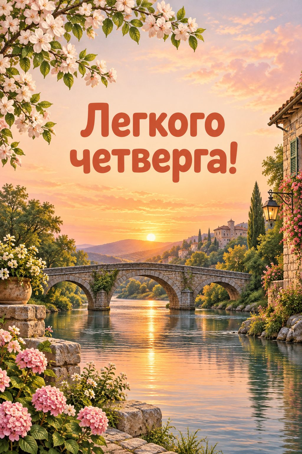 Листівка доброго ранку: річка з кам'яним мостом на світанку, напис «Легкого четверга!»
